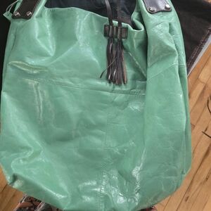 Tano Mint Green Leather Hobo Bag Tassel Whipstitch Handle Boho Slouchy